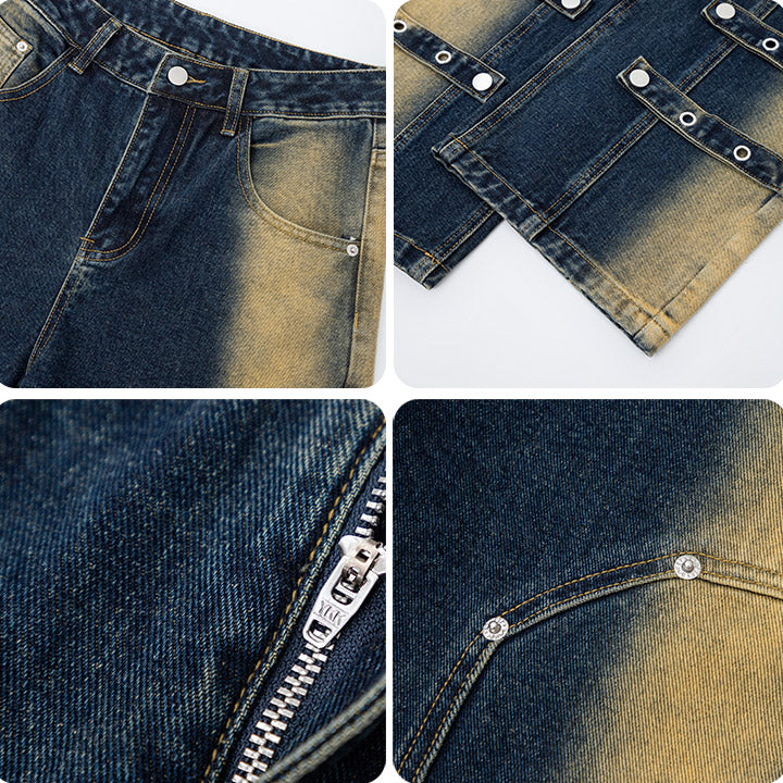 Faded Denim Jeans Structured Grommet Strap