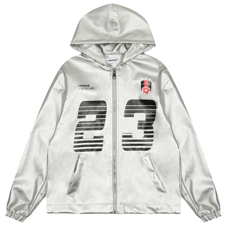 Silver racing leather zipper hoodie