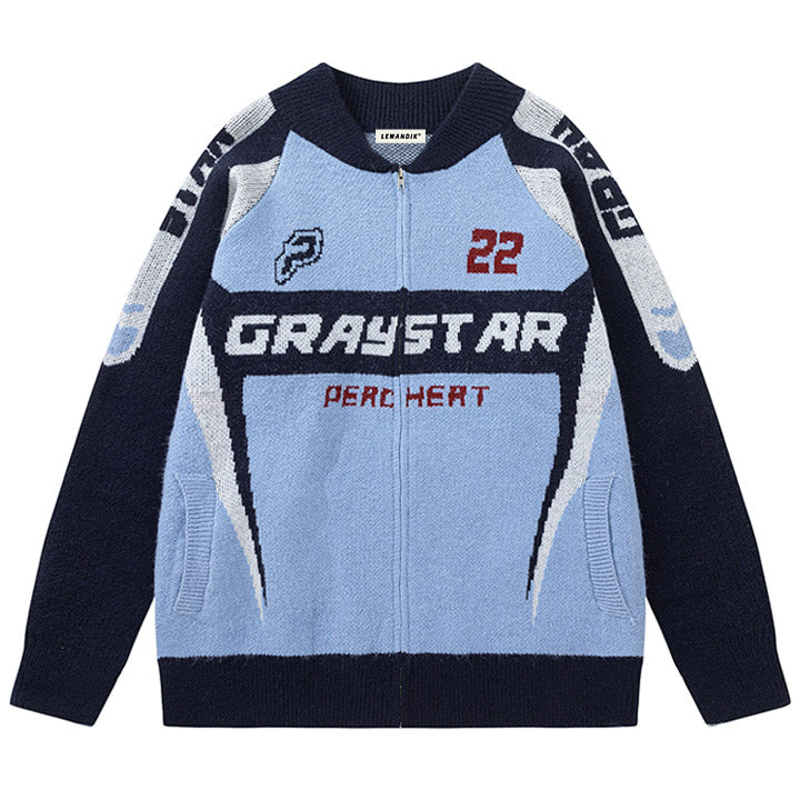 racing cardigan sweater color block patch