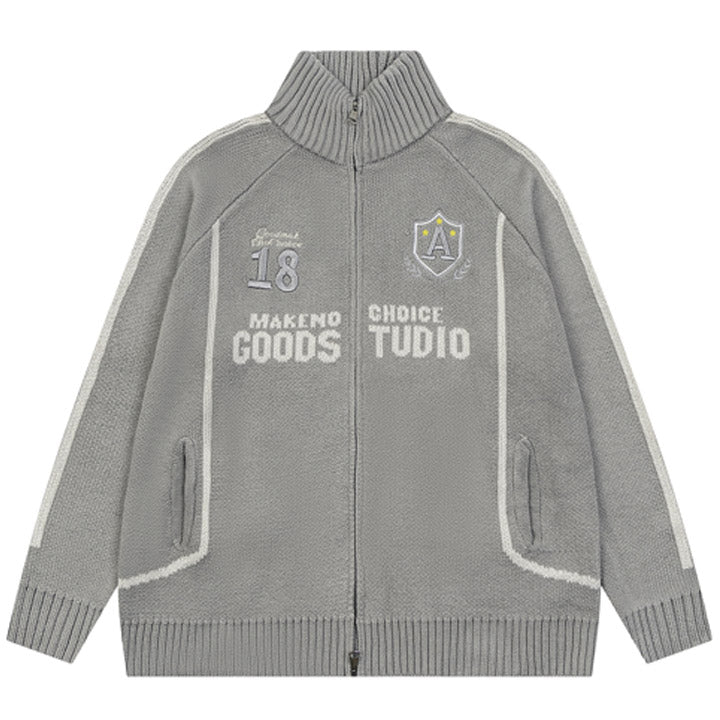 thick jacquard cardigan with A badge