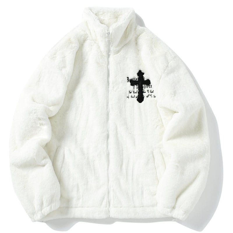 Lemadik Faux Fur Winter Coat Embroidery Cross