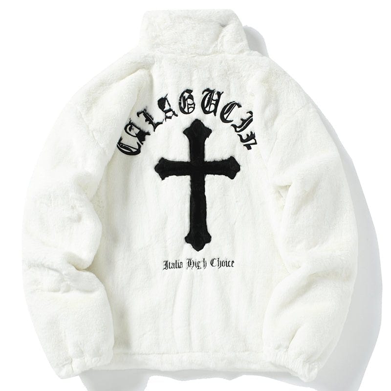 Lemadik Faux Fur Winter Coat Embroidery Cross