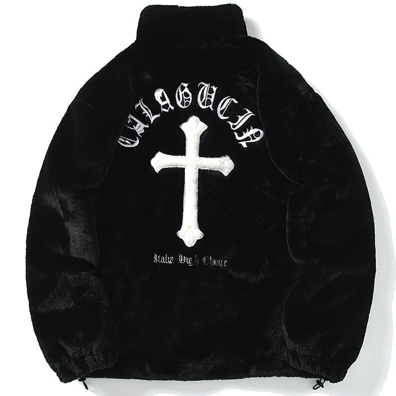 Lemadik Faux Fur Winter Coat Embroidery Cross