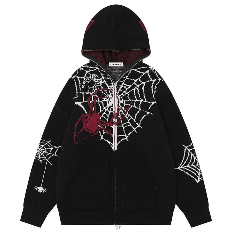 LEMANDIK® Gothic Hooded Knit Sweater Spider Web